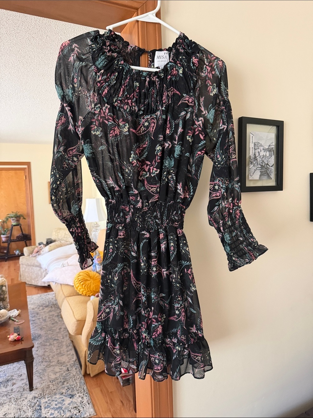 Misa Los Angeles Lexie Black Paisley Ruffle-Hem Mini Dress with Multicolor Print - Picture 3 of 8